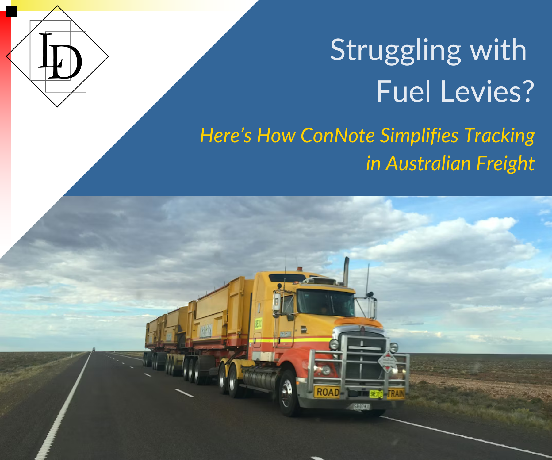 An Australian road train travelling along a remote outback highway under a wide cloudy sky.